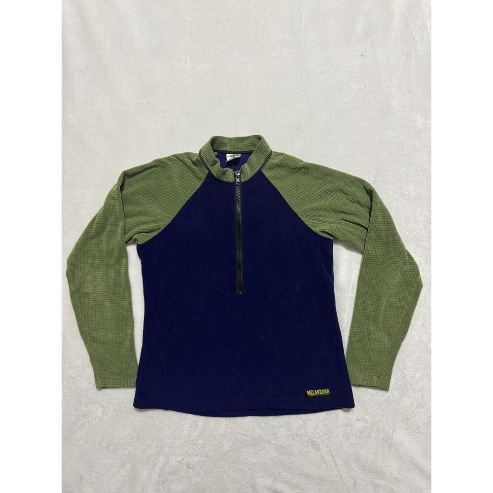 Melanzana Women's Micro-Grid Fleece Small Pullover Top 1/2 Half Zip Green Blue